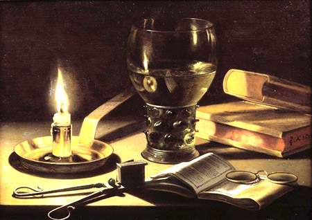 arte Pter Claesz Heda, Natura Morta con bicchierone e orologio. 1629.
