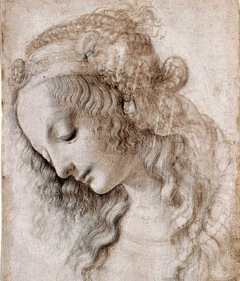 Leonardo da Vinci (1452-1519): Head of woman no. 428 E. Florence, Gabinetto dei Disegni e delle Stampe degli Uffizi penna, bistro e biacca. mm 282 x 199. *** Permission for usage must be provided in writing from Scala. ***